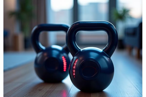 Close-up of smart dumbbells with digital display and glowing accents